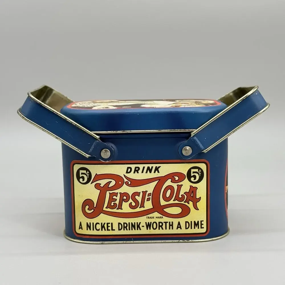 Vintage 1988 Tin Pepsi Advertisement Box W/ Handles & Lid Patina Collectible